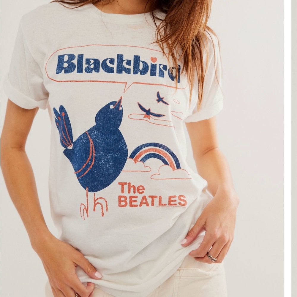 Free People: Junk Food Blackbird Graphic Tee. Size Medium. Color White Burnout